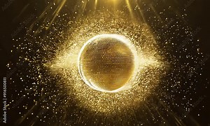 This features mesmerizing golden particles forming a glowing sphere in a dark environment