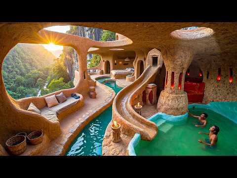 250 Days Building an Extreme Cliffside Cave House with Hot Pools & Organic Pool Using Primitive Tool