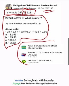 9.2K views · 580 reactions | 2) 228 is 25% of what number? 3) 168 is what percent of 672? 4) evaluate: 123 × 0.1 + 123 × 0.01 + 123 × 0.001 a. 13.653 b. 135.53 c. 1356.3 d. 13563 | Free Reviewers with Leonalyn | Facebook