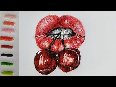 Realistic lips drawing | how to draw cherry lips | how to draw glossy lips | رسم الشفاه