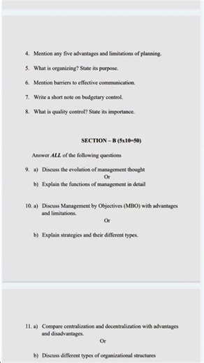 Degree 1st semester BBA Principles of Management question paper