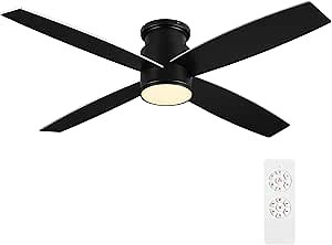 WINGBO 44 Inch Flush Mount DC Ceiling Fan with Lights and Remote, 4 Reversible Blades, Ultra Quiet 6-Speed DC Motor, Hugger Low Profile Indoor Ceiling Fan, Matte Black Finish