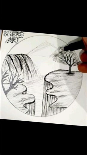 how can a circle drawing, a landscape with a waterfall and cliffs. #stepbystep #sheroart #drawing