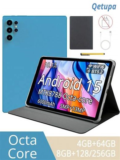 Qetupa Tablet PC Android de 10.1 pulgadas, con funda protectora y lápiz stylus, procesador MTK8788 Octa-Core de 2.0GHz, 4GB RAM + 64GB ROM o 8GB RAM + 128GB/256GB ROM (ampliable a tarjeta SD de 1TB), pantalla táctil IPS HD de 1280x800, cámara frontal de 5MP y cámara trasera de 13MP, batería de 6000mAh, Wi-Fi 6 802.11ax, Bluetooth 5.2, GPS, puerto de carga Tipo C, sin soporte para tarjeta SIM (adaptador no incluido), adecuado para uso de tableta empresarial para adultos, excelente para lectura, a