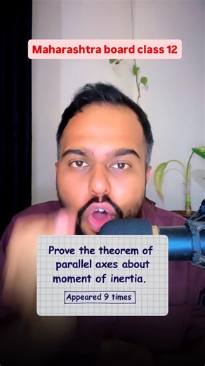 Yash Sir | Board Exam | MHTCET on Instagram: "Board Exam Leak*d questions😱🚨 Follow @yashsir_counsellor for daily boards & CET videos❤️ Questions- 1. Prove the theorem of parallel axes about moment of inertia. Appears in 9 papers 2. Obtain the differential equation of linear simple harmonic motion. Appears in 6 papers 🔥Enroll in top 200Q (Similar ques in boards) 3. What is electromagnetic induction? Appears in 5 papers 4. Write the chemical equation involved in the followi