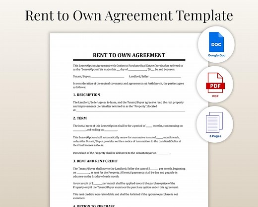Rent to Own Agreement Template | Lease to Own Contract Printable | Printable Real Estate Form A4 PDF & Word - Etsy