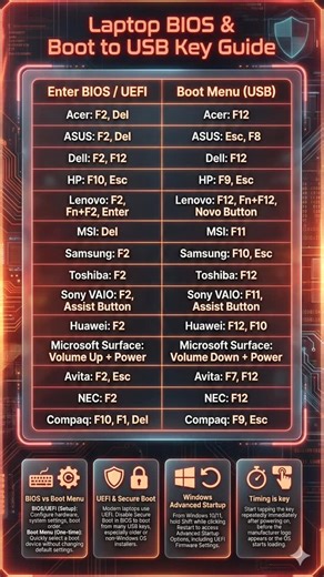 BD Tech Tips on Instagram: "🔧 Laptop BIOS & USB Boot Key Guide 💻 Knowing the right key can save you time when installing Windows, Linux, or troubleshooting. 🔑 BIOS / UEFI & Boot Menu Keys (Common Brands): • Acer – BIOS: F2 / Del | Boot: F12 • ASUS – BIOS: F2 / Del | Boot: Esc / F8 • Dell – BIOS: F2 | Boot: F12 • HP – BIOS: F10 / Esc | Boot: Esc → F9 • Lenovo – BIOS: F1 / F2 | Boot: F12 / Novo Button • MSI – BIOS: Del | Boot: F11 • Samsung – BIOS: F2 | Boot: Esc / F12 • Toshiba – BIOS: F2 | Bo