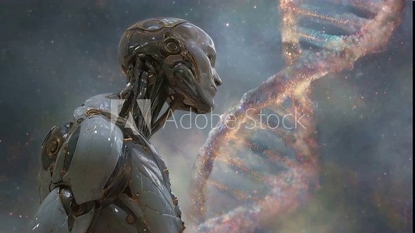Futuristic cyborg studying a slowly rotating double helix made of cosmic stardust, representing concepts of genetic engineering, artificial intelligence, and the origins of life in the universe