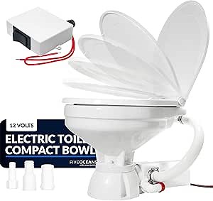 TMC Electric Marine Toilet, RV Toilet with Clamp-On Hose Connection, Boat Toilet, Compact Design Bowl, Heavy-Duty Macerator Pump, On-Off Flush Control Switch, Quiet Soft-Close Lid, 12V DC - FO720