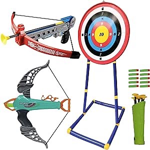 Bow and Arrow for Kids - Toy Bow and Arrow, 1 Crossbow & 1 Bow, 6 Arrows & 10 Darts with Suction Head & Detachable Standing Target, Outdoor Indoor Games for Children Boys Girls