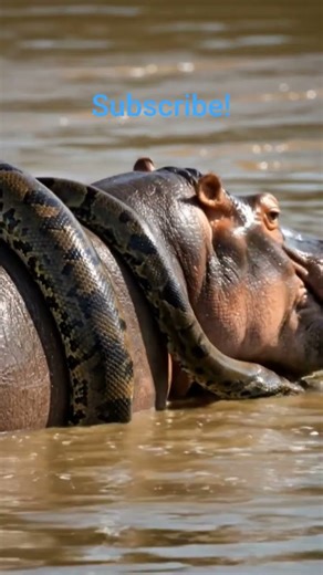 “Power vs Size: Anaconda Attempts to Constrict a Hippo"