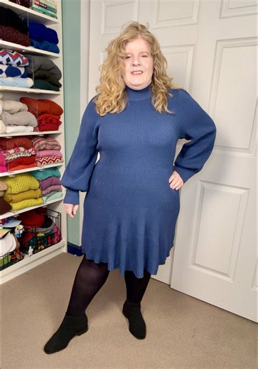What I wore today as a plus size petite girl. Mock neck sweater dress, blue, vintage: @Hill House Black tights: @snagtights Lightweight Square-Toe Slip-on Chelsea boots: @vivaia_official #ootd #fallfashion #plussize #plussizepetite #whatiwore