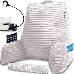 Homie Reading Pillow with Reading Light and Wrist Support, Has Arm Rests, and Back Support for Bed Rest, Lounging, Reading, Working on Laptop, Watching TV (White)
