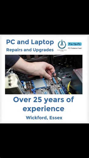 PC problems fixed. Experienced, trustworthy and local. Fix-Ya-Pc, based in Wickford, brings over 25 years of hands-on experience in computer repairs. All repairs are carried out in house with parts from reputable suppliers. We also offer home visits. Whether it’s a memory upgrade or a full custom build, we deliver honest, efficient service you can rely on. 🔧Over 25 years of repair expertise 🏠Work carried out in house or on site 🚗 Wickford based for your convenience 📩 Message Fix-Ya-Pc today 