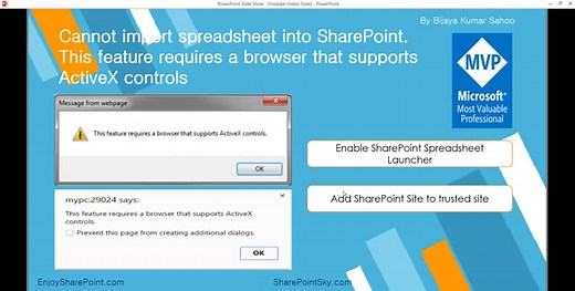 Cannot import spreadsheet into SharePoint. This feature requires a browser that supports ActiveX controls