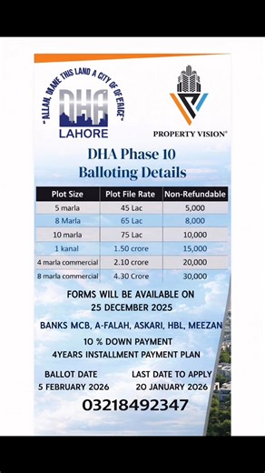 DHA Phase 10 Balloting – Important Update DHA Phase 10 balloting details have been announced officially.. This is a great opportunity for investors and end users to become part of one of the most awaited phases of DHA Lahore. 🔹 Multiple residential & commercial categories 🔹 Easy 4-year installment plan 🔹 Only 10% down payment 🔹 Forms available through designated banks 🔹 Transparent balloting process Interested members and clients are advised to review the details carefully and apply within 