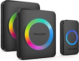 TECKNET Wireless Doorbell with 2 Plug-in Receivers, IP65 Waterproof Doorbells for Home, 1300ft Operating Range, 60 Melodies & 5 Volume Levels of 0-120 dB, RGB Light for Hearing Impaired