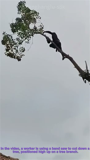 Tree Cutting: Worker Uses Band Saw to Fell Tree – Precise Logging Operation