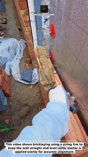 Perfect Brick Alignment with String Line Technique #Bricklaying #Masonry #Construction