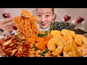 ASMR Korean Spicy Shin Ramen with Giant Shrimp【Mukbang/ Eating Sounds】【English subtitles】