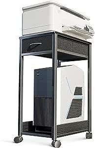 KKL Printer Stand with Storage for Computer, Tower Stand with Fabric Drawer for Mobile PC, Under Desk CPU Stand, Wood Desktop Stand for Home Office