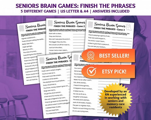 Finish the Phrase, Seniors Brain Games, Dementia Game, Dementia Activities, Finish My Phrase, Brain Games, Dementia Games, Memory Care - Etsy