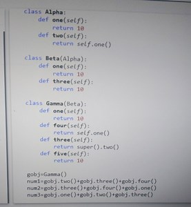Given the Python code:pythonclass Alpha:    def one(self): ... | Filo