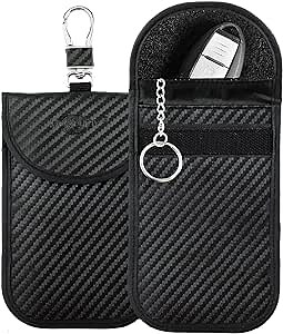 2 Pack Faraday Key Fob Protector, Signal Blocker Pouch for Car, RFID Security Shield Bag, Vehicle Antitheft Products Cage Wallet, Universal Carbon Fiber Leather Cover, with Keychain Holder