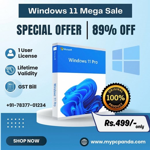 Get 89% Discount on Windows 11 Pro License 100% Genuine License key with GST Bill Up to 10% additional cashback on every purchase Up to 30% discount on bulk purchase Technical support available Call now for more details - 7837701234 Visit Website now - www.mypcpanda.com | MY PC PANDA | Facebook