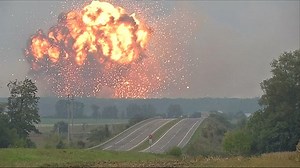One person was injured in the explosion at the Ukraine army base. The blast cold be seen more than 150 miles away.