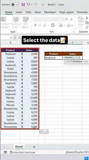 DSUM Function in Excel 😍 | Smart Way to Sum Data 🚀 #exceltips #excelhacks