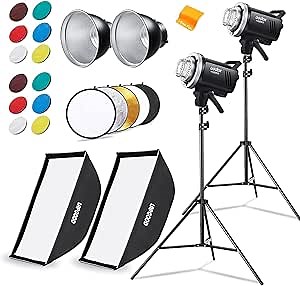 Godox MS300V Studio Flash Kit (2X 300W) with 2 Softboxes, 2 Light Stands, 2 Reflectors, LED Modeling Lamps, 2.4G Wireless X System, Bowens Mount – Ideal for Studio, Portrait & Fashion Photography