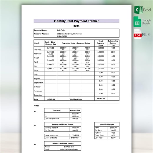 Rent Payment Tracker: Landlord Ledger (excel, Google Sheets, PDF) - Etsy Australia