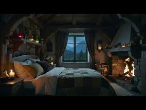 ASMR calming fire during a light rain storm in cosy castle bedroom 🏰🔥🌧️