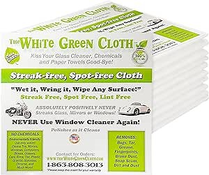 The White Green Cloth 10-Pack Reusable Cleaning Cloths for Streak-Free Windows, Mirrors & All-Purpose Cleaning – Chemical-Free, Absorbent, Non-Abrasive, 16" x 16" White Cleaning Rags, Made in The USA