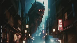 Giant Japanese demon Yokai with glowing eyes attacking in the streets at night. Fantasy horror cinematic footage.