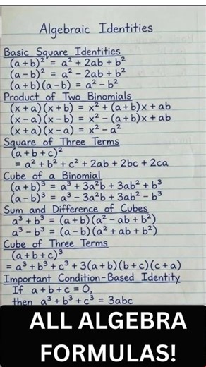 Algebraic Identities Made Easy | Learn All Formulas in Minutes 🔥 #maths #easylearning #mathstricks