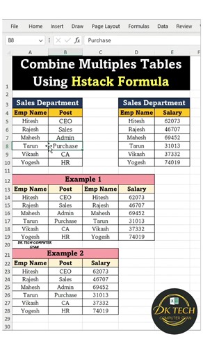 1.1M views · 8.3K reactions | Hstack Formula in Excel | Combine Multiple Tables into one  #fblifestyle #exel #Microsoft #shorts #explore | DK TECH Computer GYAN | Facebook