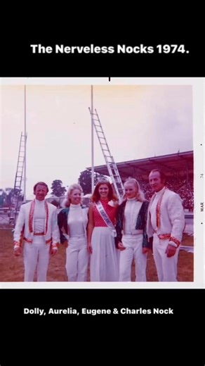 The Nerveless Nocks 1974 family troupe consisting of Dolly Kuhn Nock, Aurelia Canestrelli Nock, Brothers Eugene Nock Sr. & Uncle Charles Nocks this was the version of Nerveless Nocks 20 years after headlining Ringling Bros. and Barnum & Bailey Circus at Madison Square Garden in 1954 with Elizabeth Nock, Joseph Bauer, Eugene Nock Sr. and family leader Charles Nock. 1974 Nerveless Nocks season was epic for our family two of the most memorable productions that year were performing at The Milwaukee 
