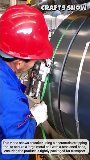 The process of securing a metal coil with a pneumatic strapping tool