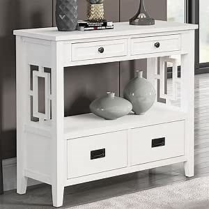 36 Inch Country Farmhouse Console Table with 4 Drawers and 1 Storage Shelf Pine Wood Suitable for Entryway Entrance Living Room Bedroom Hallway Kitchen (Antique White)