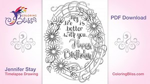 Free for a limited time–a Happy Birthday coloring page! Today is my birthday, so I drew this coloring page in honor of you, my wonderful coloring community. My life truly is better with you in it, so I wanted to draw and give this to you as a gift. Click here for the PDF download: https://www.coloringbliss.com/happy-birthday-coloring-page/ For those who'd like to know, I drew this page using an iPad Pro, Apple Pencil and the Procreate app. | Coloring Bliss