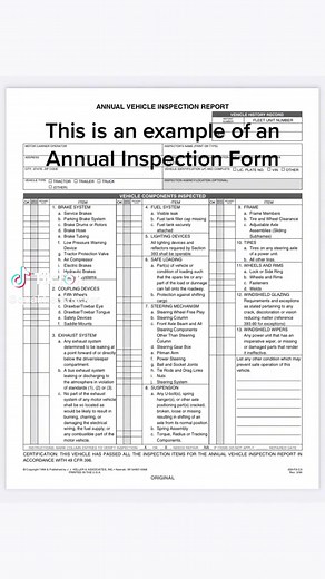 This is an Annual Inspection Form, it can be found on the FMCSA website. Every commercial vehicle must have an annual inspection form with the unit. #fmcsa #annualinspection #trucker #qualifiedcaptain