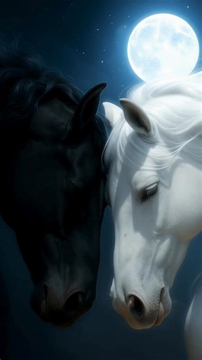 Beneath the moonlit night, a beautiful white horse and a black horse stand face to face, like shadows and light in perfect harmony. | Sunset Moon