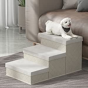 Dog Steps for High Bed or Couch, 3 Steps Foldable Dog Stairs with Storage, Non-Slip Fabric Pet Stairs for Small Medium Large Dogs, Cat, Pets, Indoor