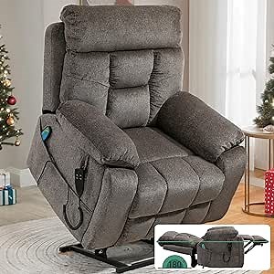 Lift Recliner for Big and Tall Seniors: 9689Plus Lay Flat, Sea Island Cotton Lift Chair with Heat and Massage, Reclining to 180, Dual OKIN Motors - Fabric - Dark Brown