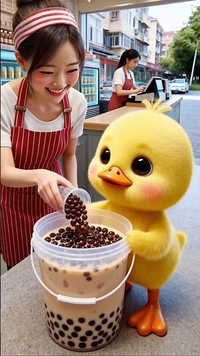 Little Duck brings a milk tea bucket to friends! Sharing it in the bedroom, Dad watches warmly!