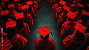 Graduation ceremony with the students wearing the red academic dress and cap