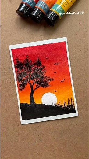 Easy Sunset Acrylic Painting 🌅 | Tree Silhouette Painting for Beginners