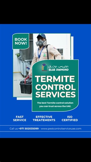 Protect your property from costly termite damage. Our expert termite control services are designed to detect, treat, and prevent termites with long lasting, trusted solutions across the UAE. Why choose Blue Diamond? ✅ ISO certified pest control services ✅ Safe and proven termite treatment methods ✅ Over 30 years of industry experience ✅ Skilled, trained, and fully equipped technicians ✅ Long term, eco friendly protection for your home or building 📞 Book your termite control service today Call 9